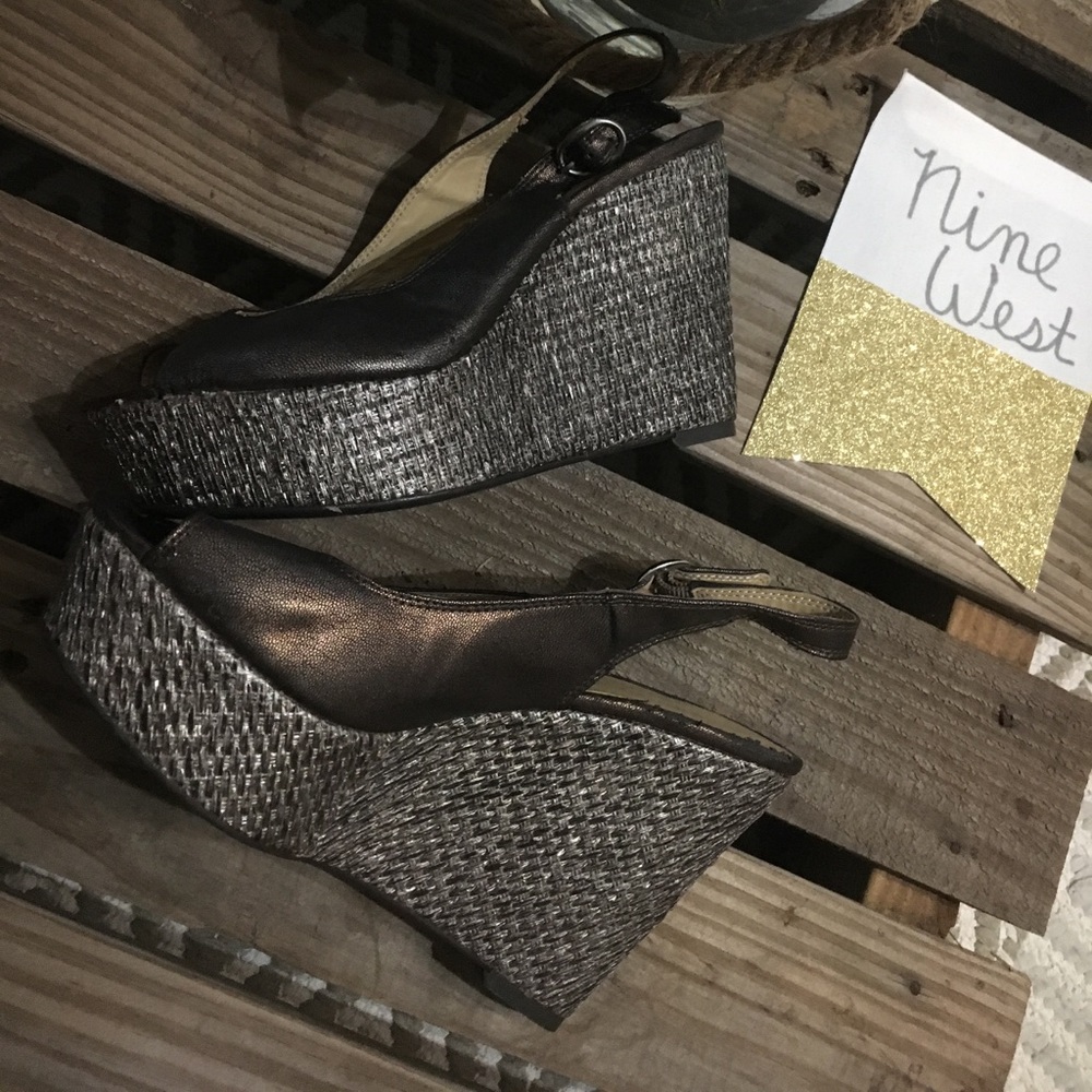 Nine West metallic sling back wedges